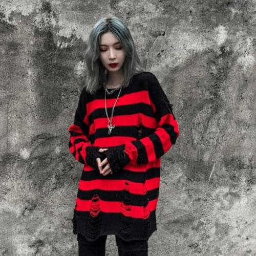 High Street Vintage Sweater Women Punk Rock Spring Couples Stripes Jumper Loose Plus Size Hole Tassel Female Pullover Tops Pull