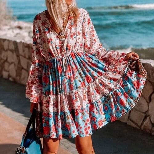 Autumn Dress Women A-Line Bohemian Dresses DrawstringV-Neck Long Sleeve Print Y2K Dress For Woman Clothing 2021 Vestido De Mujer