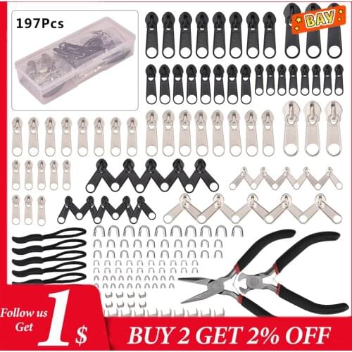 197pcs/set Zippers Slider Universal Instant Fix Zipper Repair Kit Nylon Zipper Pull Metal Slider Head whit Box Zip Accessories