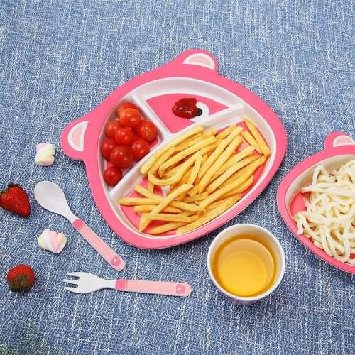 5Pcs/Set Childrens Cartoon Bowls Creative Healthy Bamboo Fiber Spoon Fork Cup Baby Dinnerware Feeding Decoration Tableware Suit