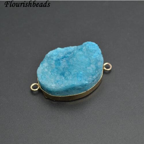 5pc Blue Druzy Quartz Agate Two Loops Jewelry Connectors Flat Oval Stone Necklace Links