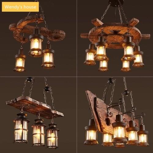 American Retro Restaurant Bar Shop Hotel Villa Imitation Boat Wood Industrial Wind Creative Loft Chandelier Lights e27