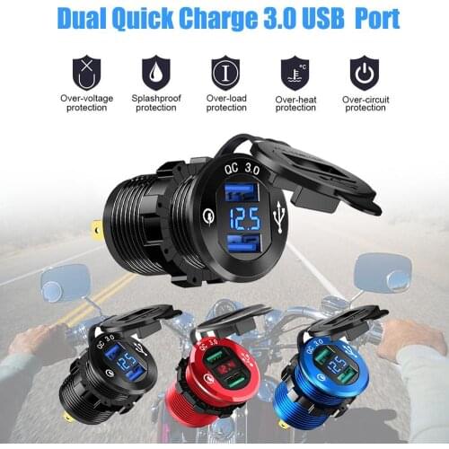 Car Aux Adapter Usb 3.0 Dual USB Charger Aux Socket Waterproof Aluminum Power Outlet With LED Voltmeter 12V/24V Car Aux Usb