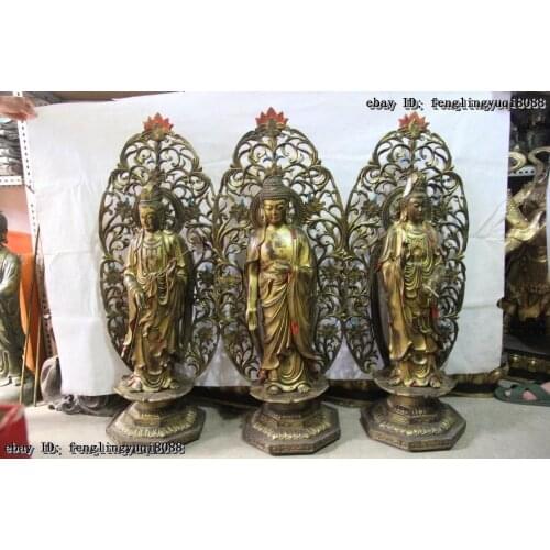 40" Bronze Three Saints of the West Kwan-yin Bodhisattva Tathagata Buddha Statue Discount 55