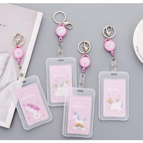 Unicorn Telescopic Transparent Keychain Card Cover Badge Holder Solid Color IC Bus PVC Office School Supplies Korean Stationery