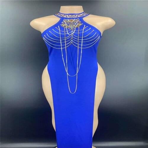 H89 Dance Trailing Dress Tight Backless Sleeveless Diamond Drilling Chain Elastic Stretched Sexy Singer Cheongsam High Fork Ski
