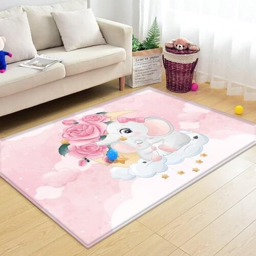 Cute Cartoon Elephant Children Comfortable Pink Carpet Non-Slip Flannel Carpet Baby Hand Print Bedroom/Living Room Decor Carpet
