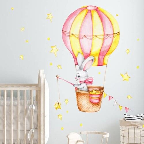 Cartoon hot air balloon bunny Wall sticker Childrens room kids bedroom home decoration wallpaper background decor cute stickers