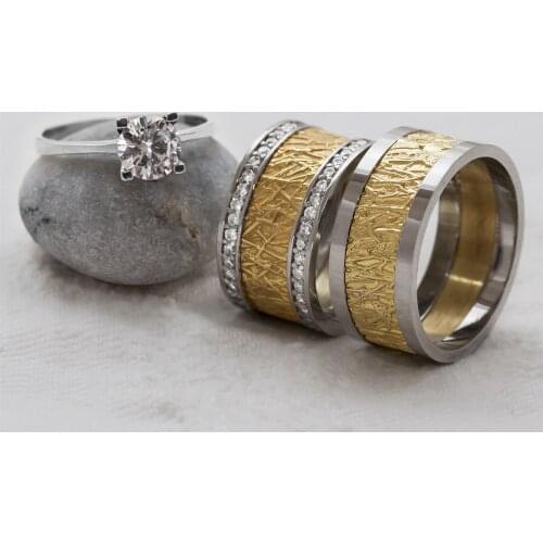 Tree Bark Pattern Double Silver Wedding Ring (Engagement Gift)