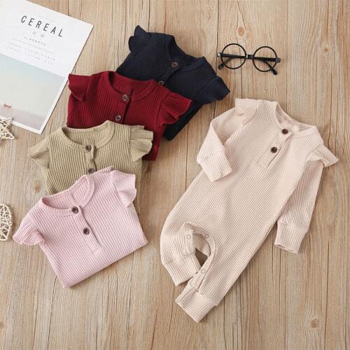 Baby Girl Autumn Long Puff Sleeve O-neck Rompers Solid Color Clothes Newborn One-Piece Overalls 2021 New Born Pajamas Pink 3-18M