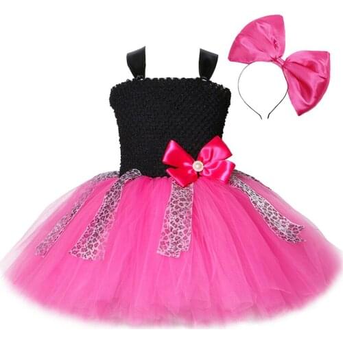 Pink Dress Girl with Bow Headband Flower Princess Girl Party Dresses for Kids Birthday Cosplay Costume Leopard Children Clothing