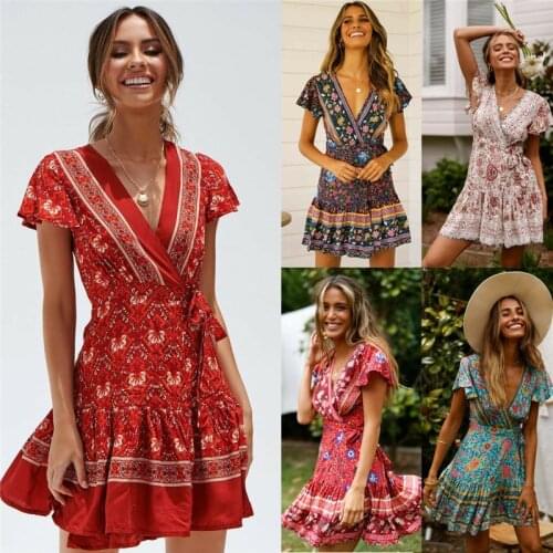 Boho Women Floral Beach Dress Summer Short Sleeve V-Neck High Waist Lace Up Mini Dress Casual Female Flare A-Line Dress 11Colors