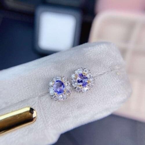 Lovely Round Sun Flower Natural Tanzanite Stud Earrings 925 Silver Natural Gemstone Earring Girl Part Gift Jewelry