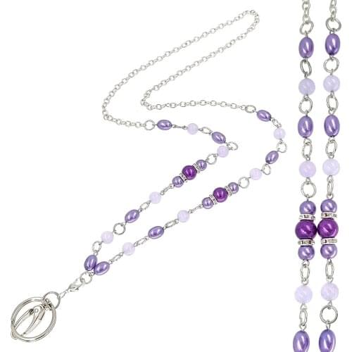 Purple Pearl Stone Badge Lanyards with ID Holder Keychain Holders Necklace Lanyards for Teachers Nurses Mothers Gifts