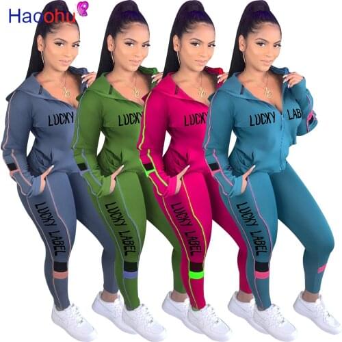 Sportwear Lucky Lable Letter Spliced Womens Set Zipper Hoodies jacket +Pants Set Tracksuit Two Piece Outfit Active Sweatsuit