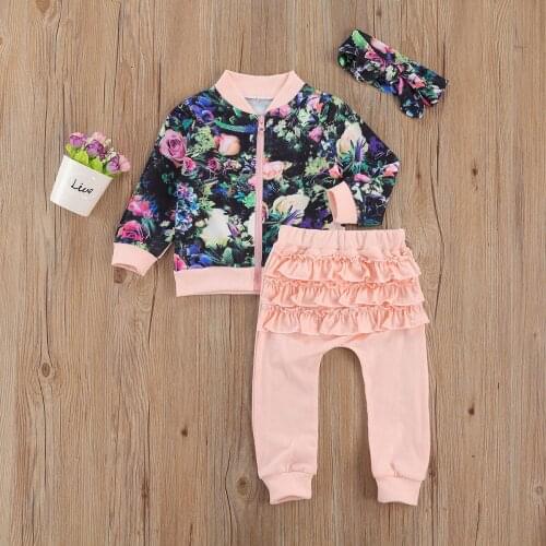 Baby Kid Girls Stylish Clothes Sets Floral Printed Sweatshirts+ Pink Ruffle Long Pant with Headband Outfits For Baby Clothes