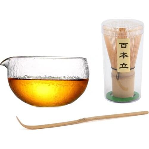 Textured Glass Matcha Bowl With Pouring Spout - Handmade Japanese Style Green Tea Ceremony Chawan 400ml 13.5 oz Big Clear Cup