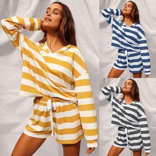 Women Matching Sets Autumn 2021 Full Sleeve Hooded Loose Striped Color Spring Casual Short Pants Sets Female Outwear Chic C2847