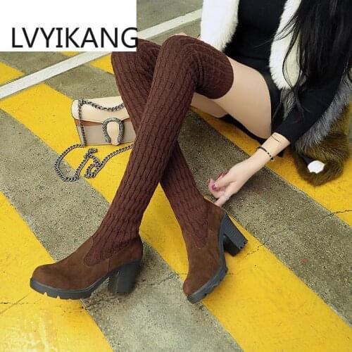 Womens Boots 2020 Autumn Winter Thigh High Boots For Woman Shoes Knitting Wool Long Boot Women Brown Black Boot Womans Booties