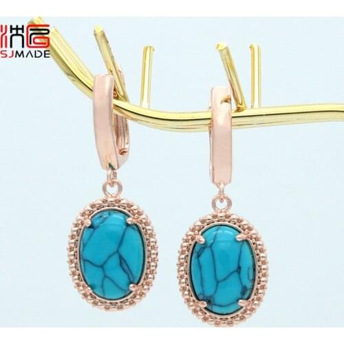 SJMADE Korean Fashion Oval Egg Shape Synthetic Turquoises Dangle Earrings For Women Girl Wedding Jewelry 585 Rose Gold Eardrop