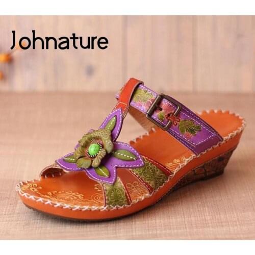 Johnature Women Slippers Flower Genuine Leather Women Shoes 2021 New Summer Hand-painted Wedges Slides Handmade Ladies Slippers