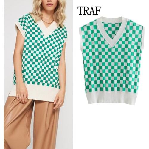 TRAF Za Women Oversized Sweaters Vest 2021 Autumn Loose Sleeveless Sweater Female Green Sweater Knitted Vest Streetwear Women