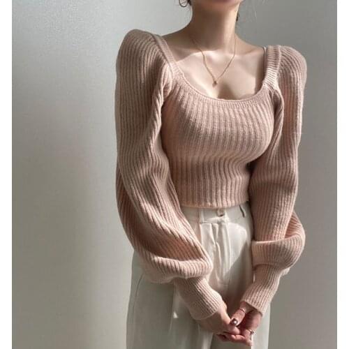 Autumn Korean Cropped Sweater Pullovers Winter Women Knitted Long Sleeve Top Casual Square Collar Femme Vintage Fashion Jumper