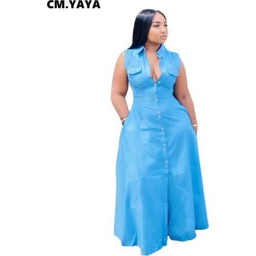 CM.YAYA Women Plus Size Dress Solid Sleeveless Turn-down Collar Single Breasted A-line Maxi Long Dresses with Pockets Summer