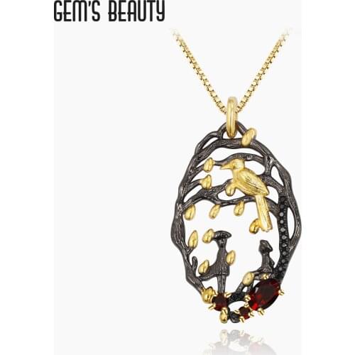 GEMS BEAUTY 18K Gold Filled 925 Sterling Silver For Women Necklace Lover Bird Vine Fruit with Natural Garnet Necklace