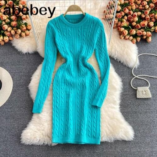 2021 New Spring Autumn Korean O-neck long sleeve knitted Dress twist stripe high waist elastic solid mid-length wrap Dress