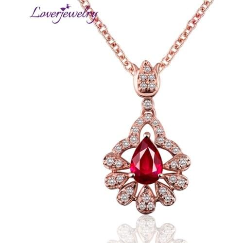 LOVERJEWELRY Ruby Pendants For Women Genuine 14Kt 585 Rose Gold Natural Red Ruby Sparkling Diamond Elegant Creative Fine Jewelry