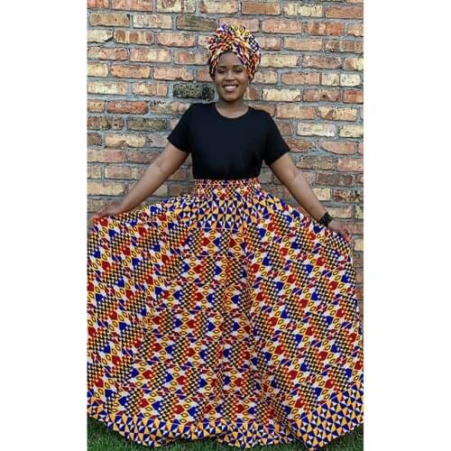 African clothing, African Traditional dresses and Maxi Skirt High Waist Ethnic Clothing Ankara Wax Skirt Turban Headwrap Set