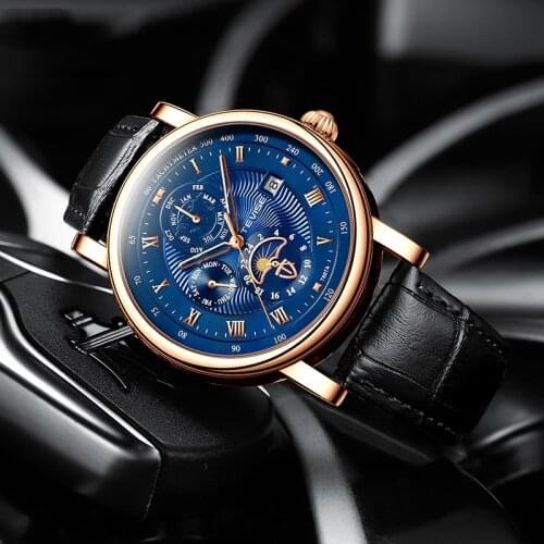 New Fashion Mechanical Watches Men Luxury Brand Classic Automatic 6 Pin Calendar Multifunction Dial Leather Strap Dress Watch