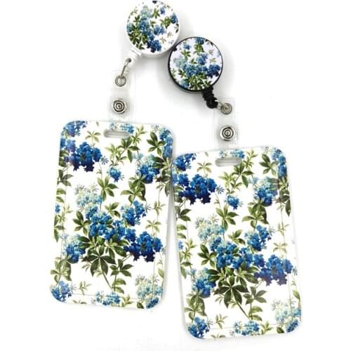 Blue Green Flowers Card Holder Women Men Business Lanyard Badge Card Case Women Card Cover Student Lanyard ID Name Card