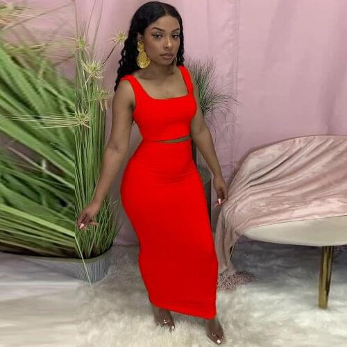 Hipster Solid Bandage 2 Two Piece Dress Set Women Summer Square Collar Tank Crop Tops+body-shaping Maxi Skirt Female Clothing