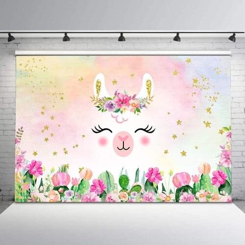 Cactus Llama Girl Baby Shower Backdrop Alpaca Mexican Fiesta Birthday Photo Background Pastel Glittler Star Llama Baby Shower