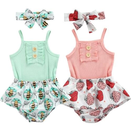 3 Pcs Newborn Summer Outfits, Baby Girls Solid Color Sleeveless Square Collar Romper + Printed Ruffle Shorts + Headband