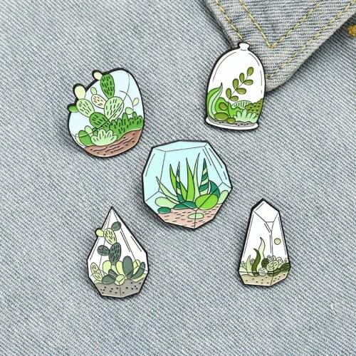 Modern Fashion Enamel Pin Potted Plant Custom Glass Container Cactus Aloe Brooch Green Plant Badge Clothes Lapel Pin Gift