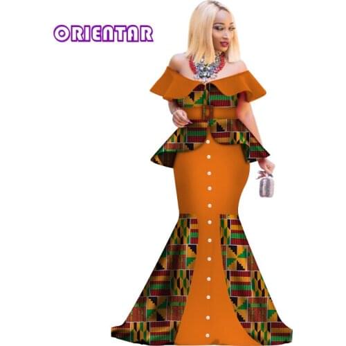 Fashion Slash Neck African Dresses for Women African Print Patchwork Falbala Dress Lady Off Shoulder Evening Party Dress WY3096