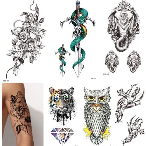 Owl Snake Fake Tattoo Sticker Red Dragon Dream Catcher Waterproof Temporary Tattoos Stickers Decals Cross Arm Hand Boy Man