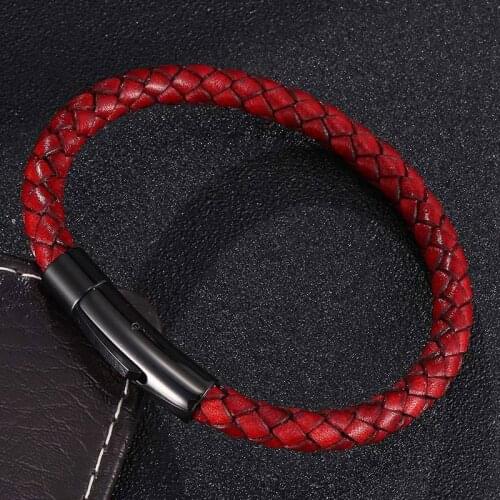 Simple Men Women Lucky Red Leather Bracelet Black Gold Stainless Steel Button Neutral Accessories Fashion Jewelry Gifts BB451