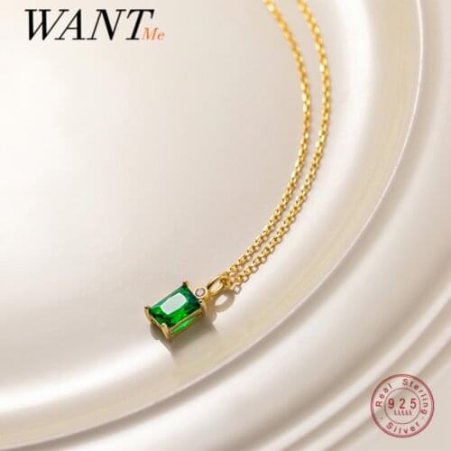 WANTME 925 Sterling Silver Chic Green Square Zircon Link Chain Clavicle Pendant Necklace for Women Charm Korean Party Jewelry