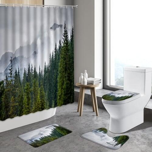 Hazy Green Forest Shower Curtain Mist Shrouded Mountain Watercolor Trees Curtains Decor Bathroom Non-slip Carpet Bath Mat Rug