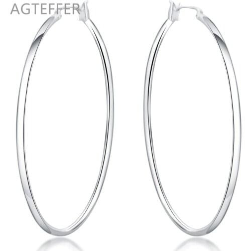 AGTEFFER 925 Sterling Silver 50mm Round Circle Hoop Earrings For Women Lady Best Gift Fashion Charm Engagement Wedding Jewelry