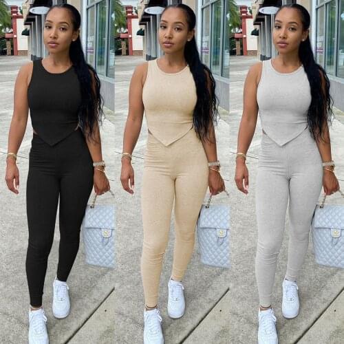 Women 2021 Fall New Ribbed Tight Super-bomb Down Triangular Vest Two-piece Set Skinny Bodycon Tracksuit Female Streetwear