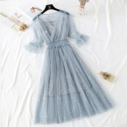 Dress womens 2019 new summer sling elastic waist mesh dress Two-piece set V-neck hollow pleated large swing dress Female m38