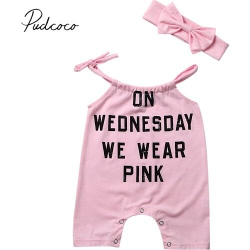 2018 Brand New 2PCS Pink Newborn Baby Girls Romper Summer Sleeveless Letter Cotton Jumpsuit +Headband Outfits Sunsuit Clothes