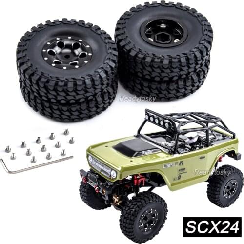 4pcs Aluminum Alloy RC Beadlock Wheels Wheel Rims Hub with Tire for 1/24 1:24 Axial SCX24 AXI90081 Deadbolt RC Crawler Car