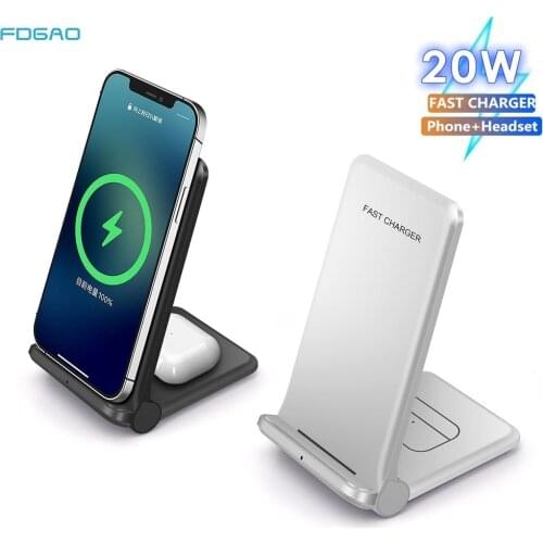 20W Fast Qi Wireless Charger 2 in 1 Induction Charging Dock Stand For Samsung S10 S20 S21 For iPhone 12 11 XS XR X 8 Airpods Pro