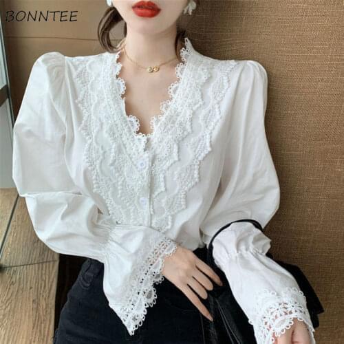 Blouses Women Sexy Lace Teenagers Solid Popular V-neck Slim Autumn All-match Sweet Femme Tops Ulzzang Temperament Ladies Blusas